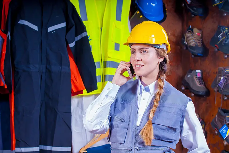 Female worker wearing safety helmet