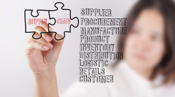 business woman draws puzzle and supply chain and related words