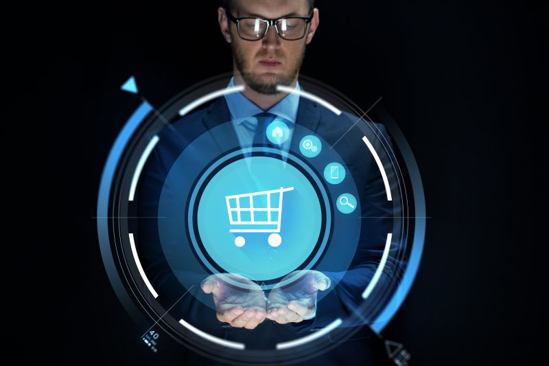 Business, E-Commerce, Future Technology, Cyberspace And People - Businessman With Virtual Shopping