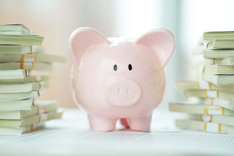 Image of pink piggy bank surrounded by stacks of dollar bills