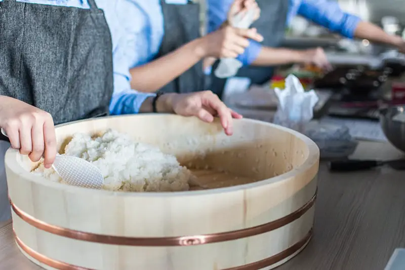 person holding white plastic ladle pot of rice