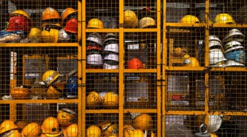 construction helmets – health and safety hard hats in storage cage