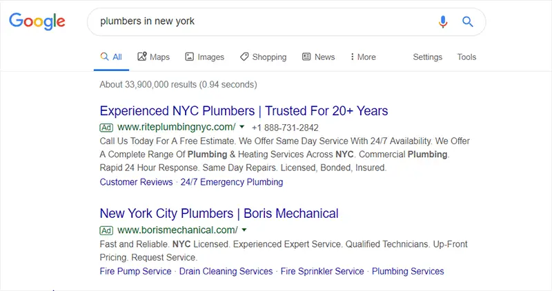 Google search resluts for plumbers in New York