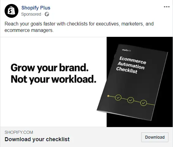 Example Facebook ad for Shopify Plus with lead magnet
