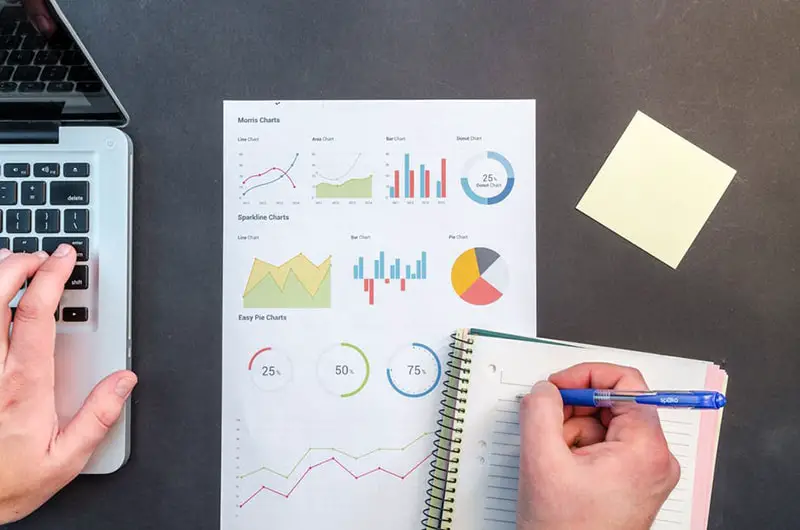 Person writing a sales proposal - documents, note book and computer