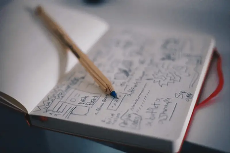 Note book and pencil on white table