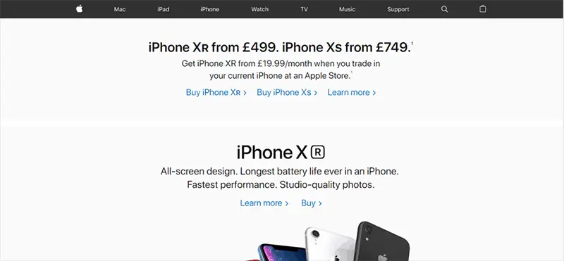 above the fold section of website showing iPhone products