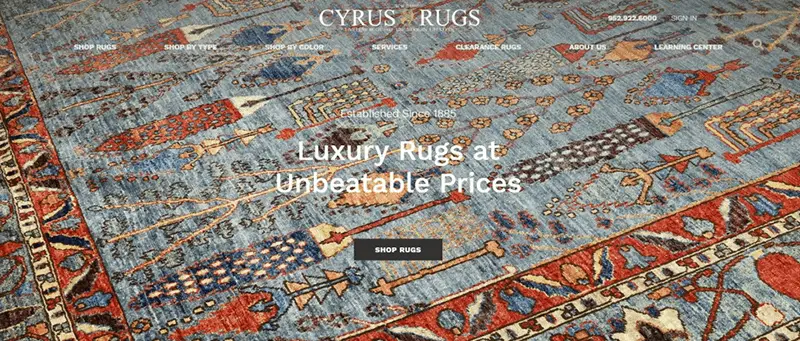 website screen shot that contains a tagline that says the brand offers luxury rugs 