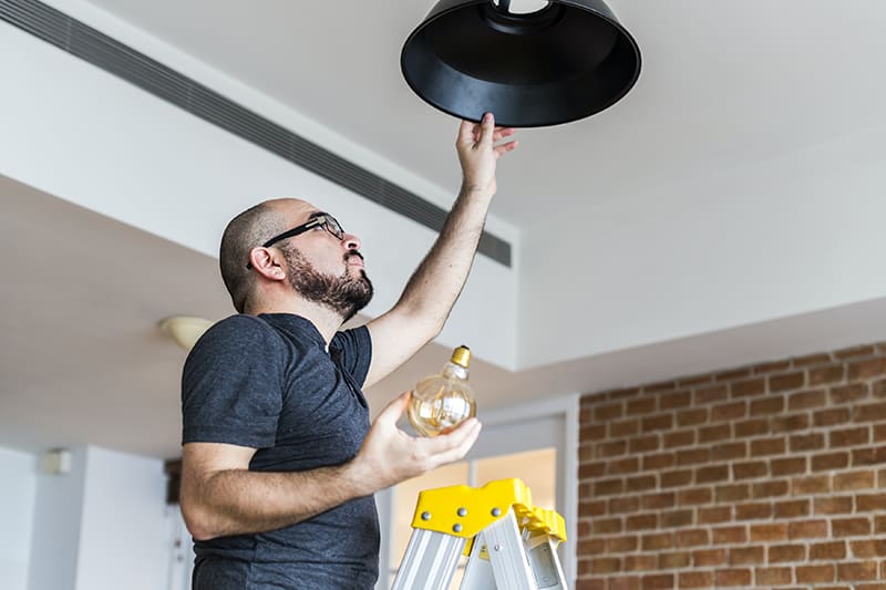 A man holding bulb in the ladder