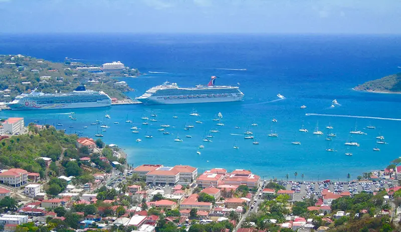 aerial photography of a bay with two cruise ships and smaller boats