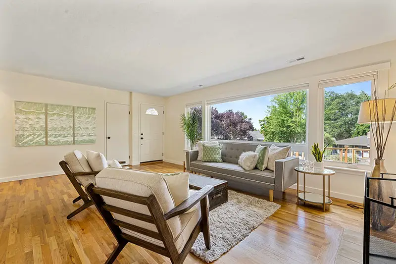 Fancy living room with wide glass windows