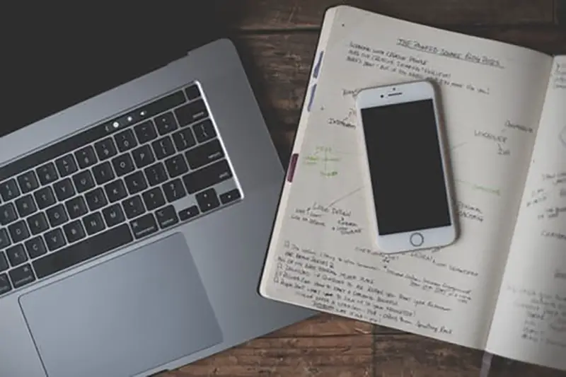 White smartphone on the top of the notebook