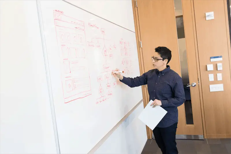 A person writing in a big white board