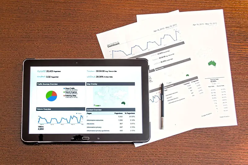 A tablet screen and hard copies of document showing business graph statistics