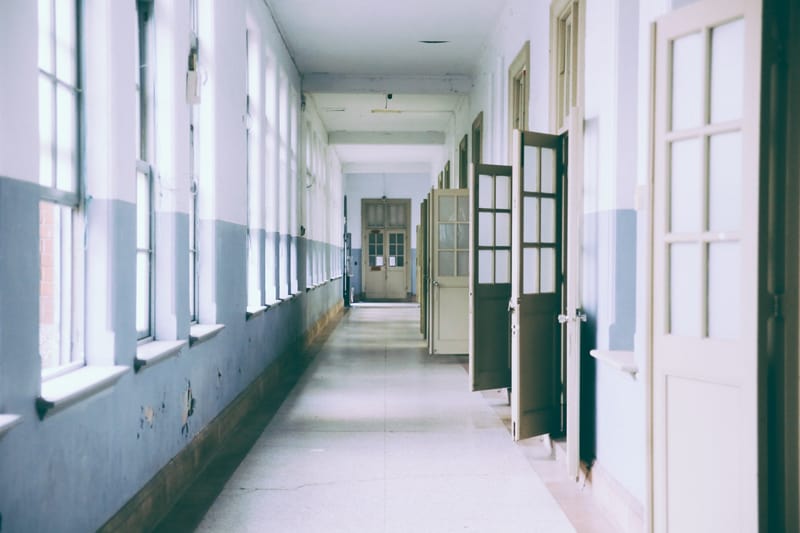 School corridor with lots of open doors