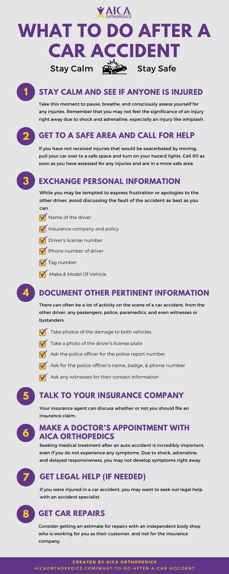 What to do after a car accident infographic by AICA Orthopedics