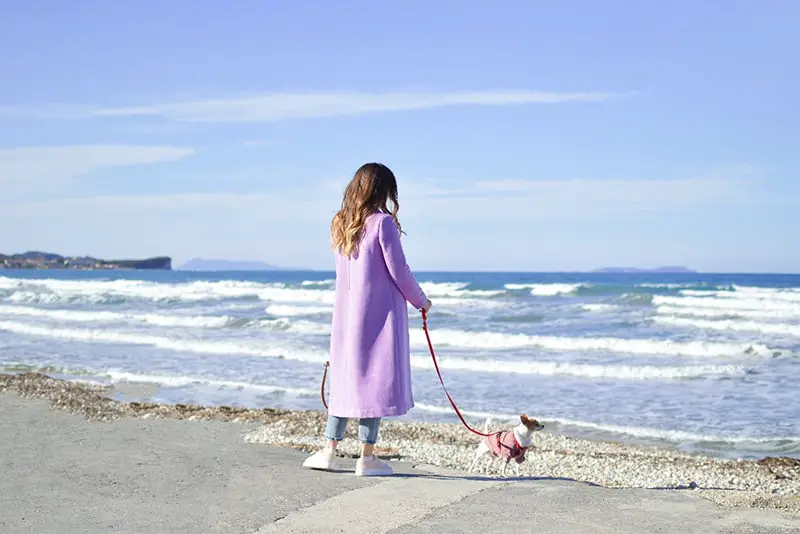 Woman in long pink coat taking dog for a walk on the beach