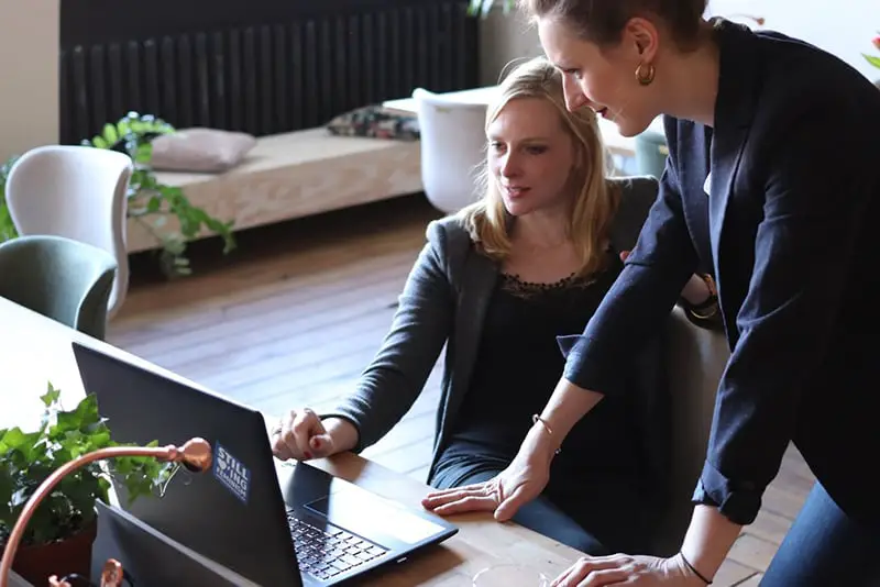 two women from a consulting business looking at a laptop screen.