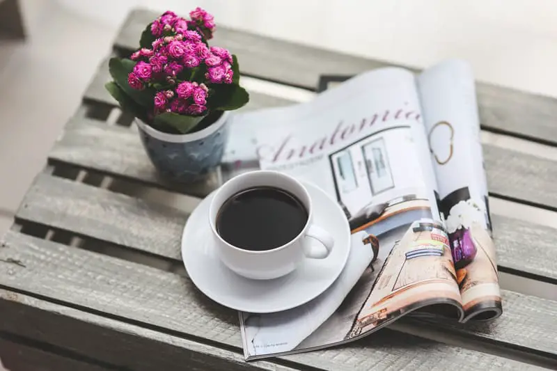 plant, coffee cup, and magazine on table