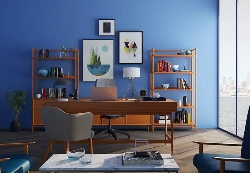 brown wooden desk with rolling chair and wooden shelves