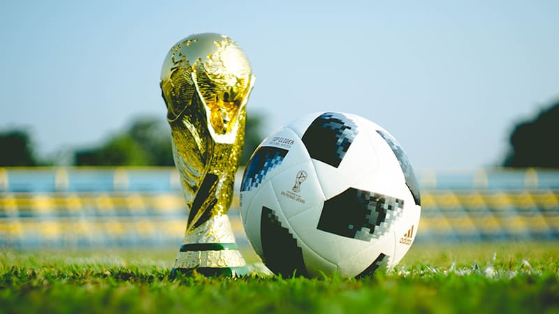 A trophy and the ball in football field