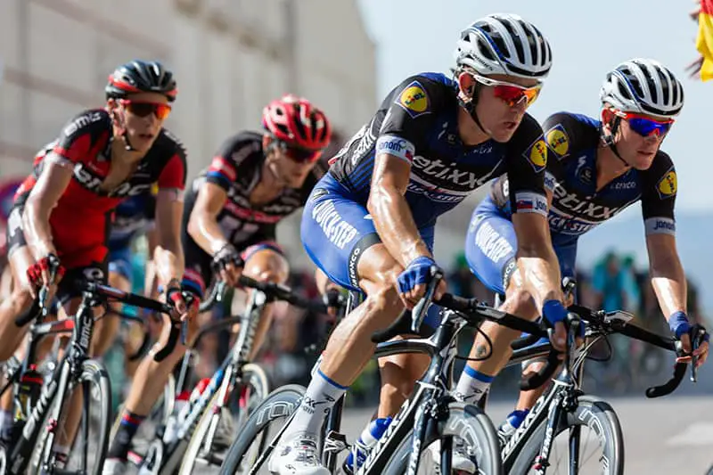 A group of professional cyclists in a race