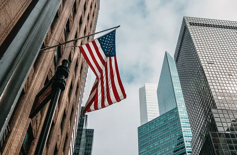 American Flag on business building in New York USA