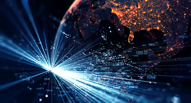 Connection lines Around Earth Globe, Motion of digital data flow. High speed internet.