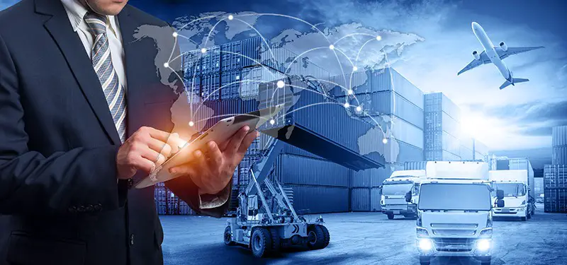 Hand holding tablet is pressing button on touch screen interface in front Logistics Industrial Container Cargo freight ship for Concept of fast or instant shipping, Online goods orders worldwide