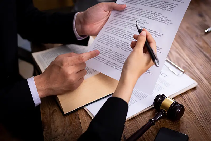 Lawyer discussing documents to colleague