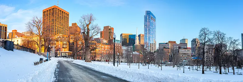 Panoramic view on Boston public garden at winter