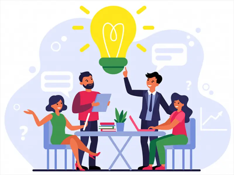 Company employees sharing thoughts and ideas - vector image