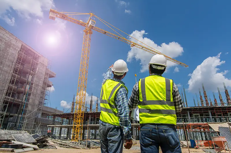 Civil engineer checking work with walkie-talkie for communication to management team in the construction site