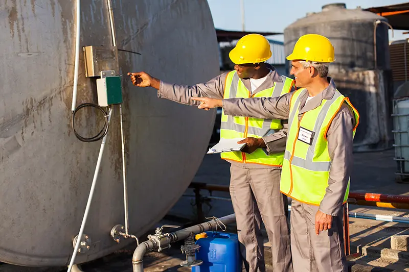 two industrial engineers inspection fuel tank in chemical plant