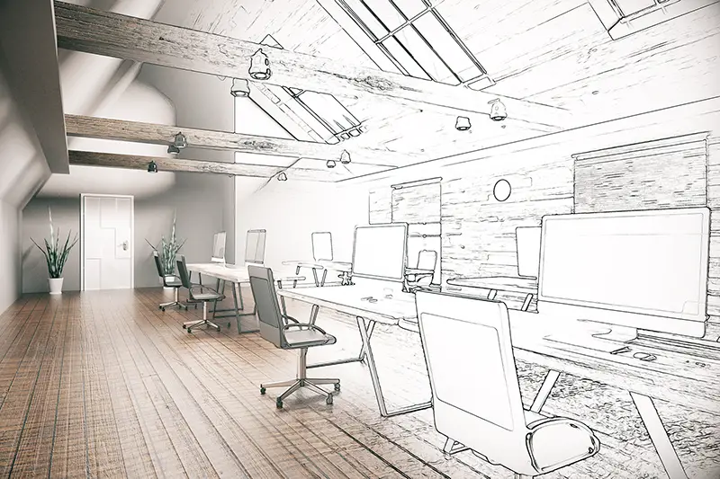Unfinished project of country style coworking office interior. 3D Rendering - office remodel