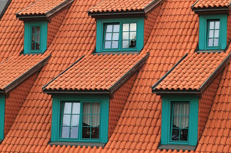 Orange shingles on green house