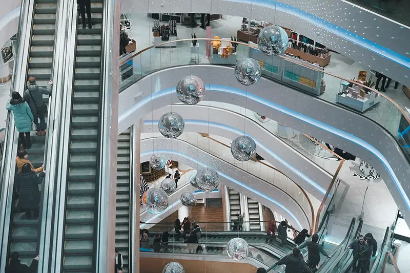 view from upper floor or retails store looking down to various floor levels