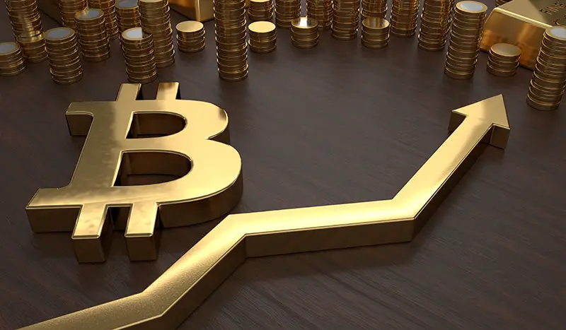 Bitcoin symbol and a gold arrow up
