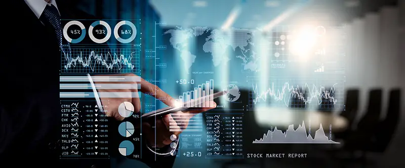 Investor analyzing stock market report and financial dashboard