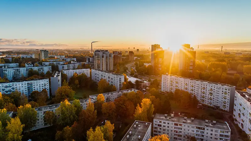 Aerial view of white concrete building