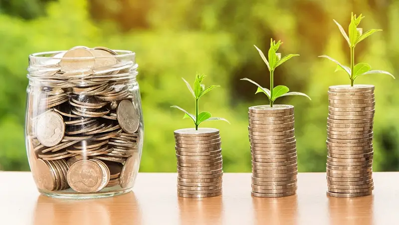 Coins in jar and money growing