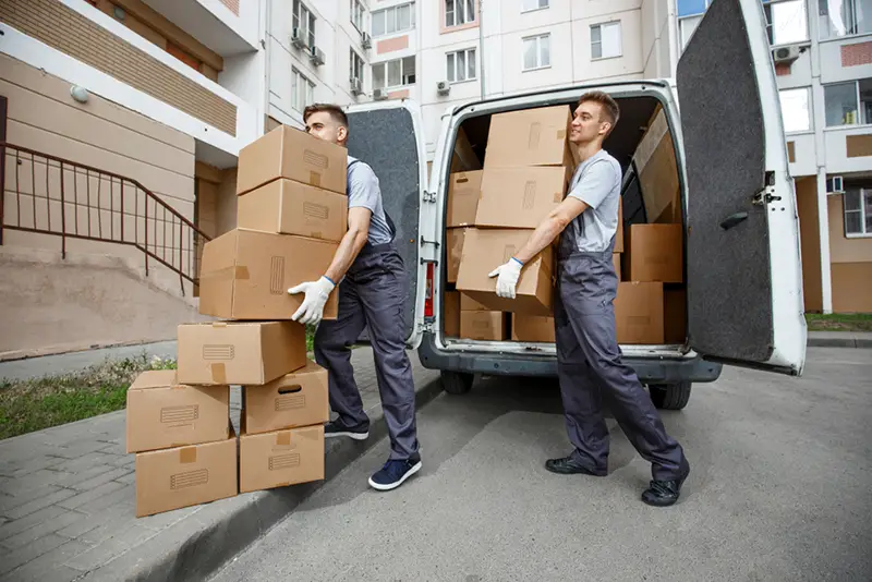 Two young man unloading boxes from a van