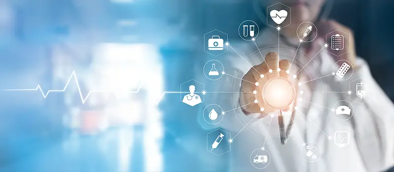 Medicine doctor and stethoscope in hand touching icon medical network connection with modern virtual screen interface, medical technology network concept