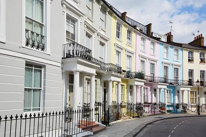 Colorful London houses in Primrose hill, English architecture