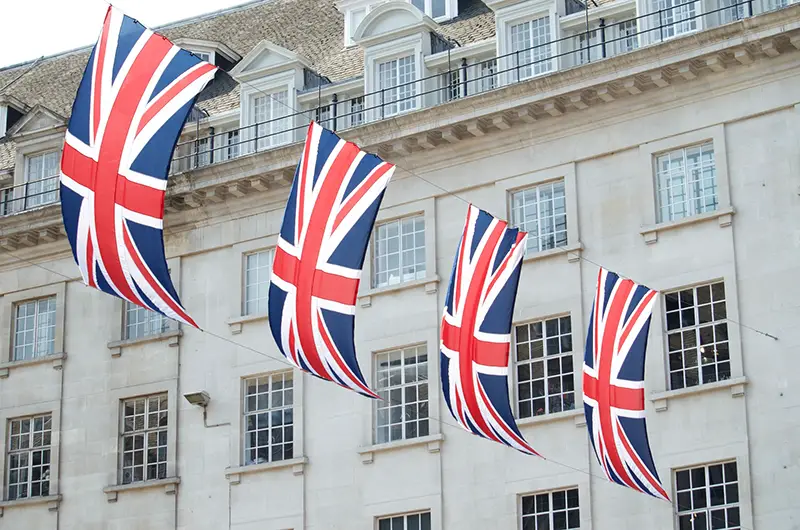 United Kingdom flags hanged near the building