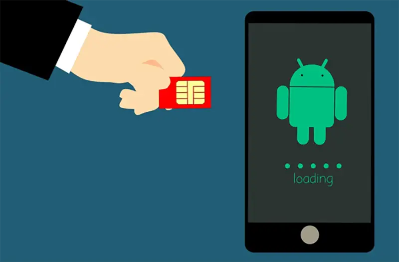 Illustration of hand holding a simcard for an android phone