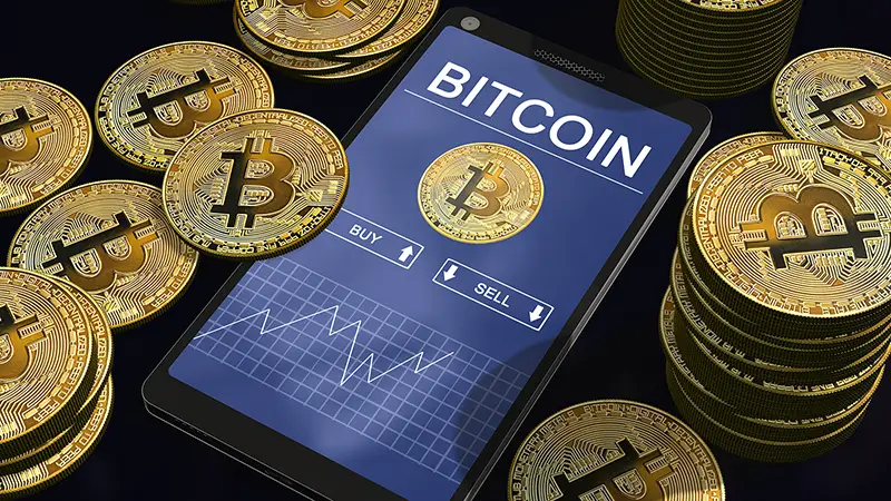 Bitcoins surround the smartphone