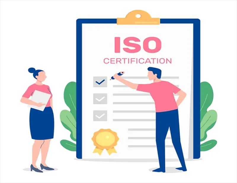 Illustration of ISO certified company details on clipboard