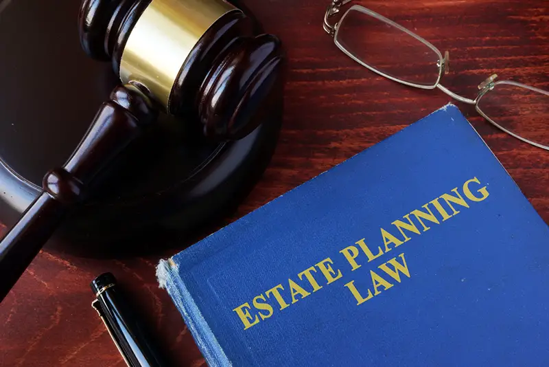 Book with title estate planning law and a gavel.