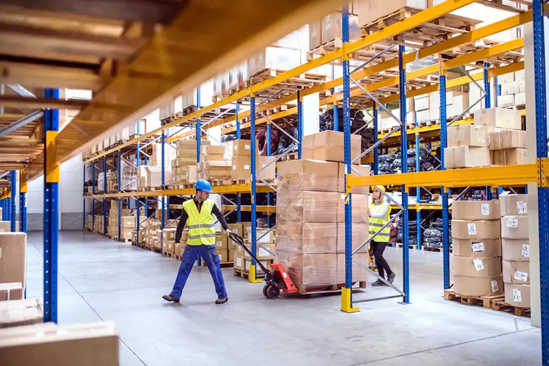 Warehouse workers pulling a pallet truck.